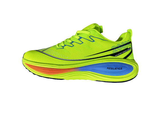 A single high-performance running shoe shown in a side profile view against a solid white background. The shoe features a bright neon yellow-green upper with blue graphic accents, a black midsole, and a multi-colored sole transitioning from orange to yellow-green to blue.