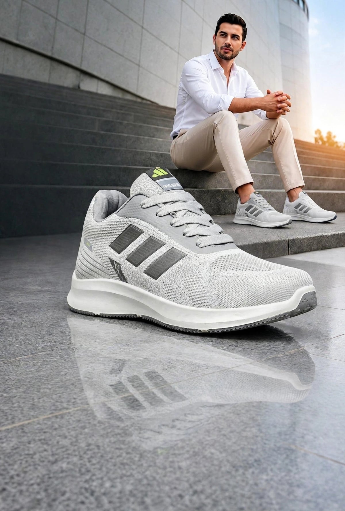 Grey white knit runner sneaker outsole