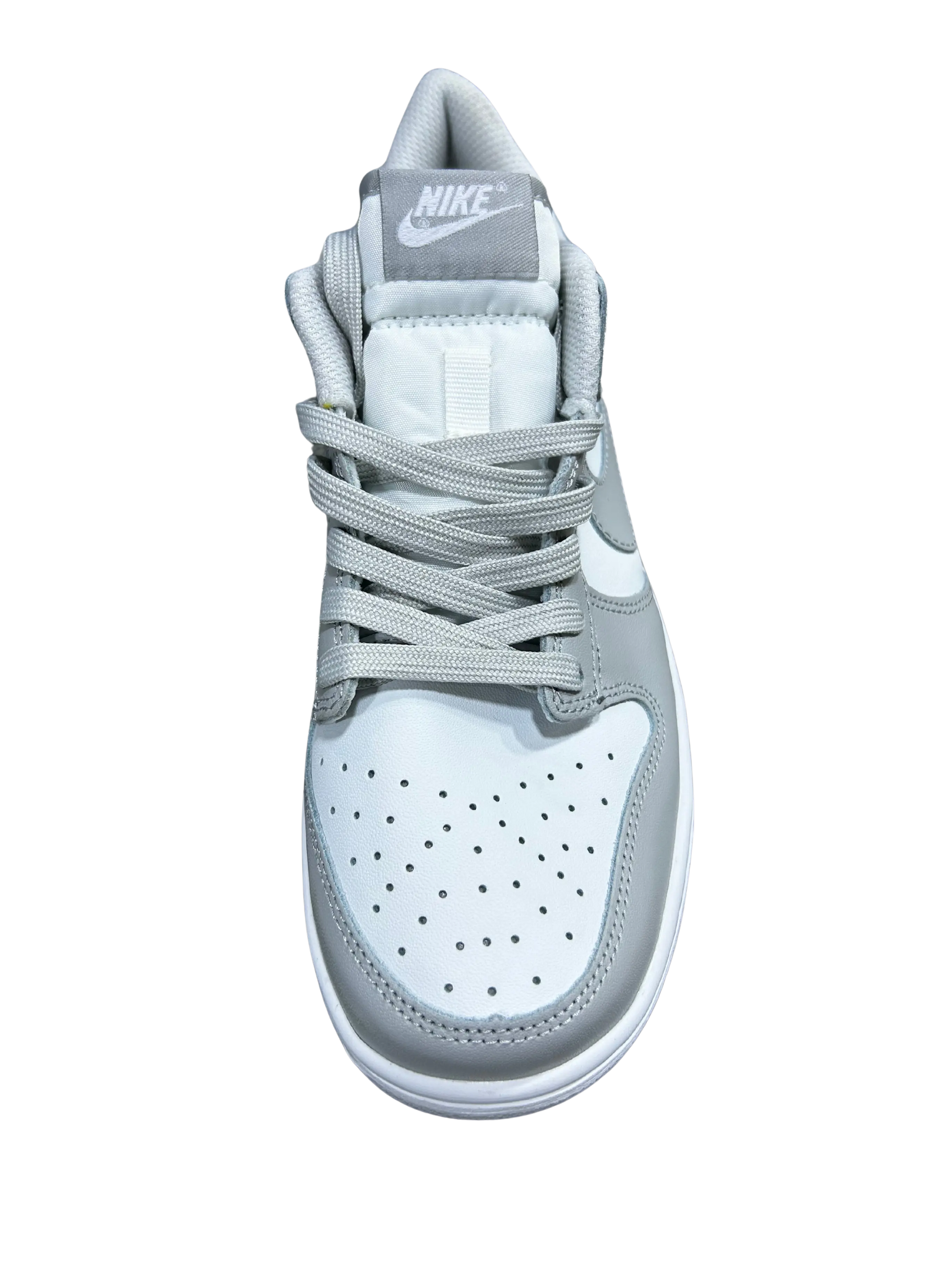 A Nike high-top sneaker in light gray and white, shown from a top-down view on a solid white background.
