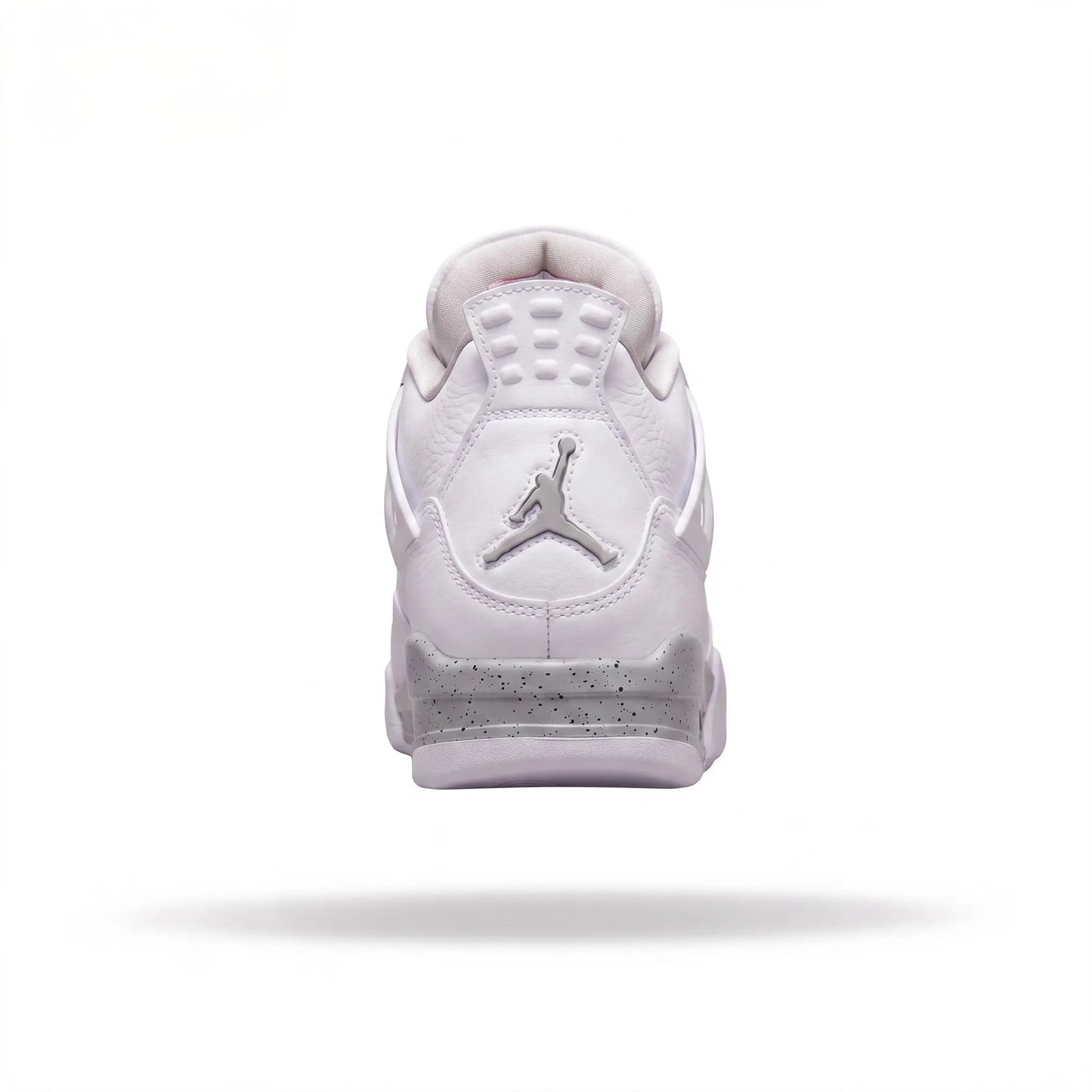 A single white Air Jordan 4 sneaker shown from the rear, featuring a metallic silver Jumpman logo on the side, a white leather upper, and a speckled translucent gray midsole, set against a plain white background with a soft shadow underneath.