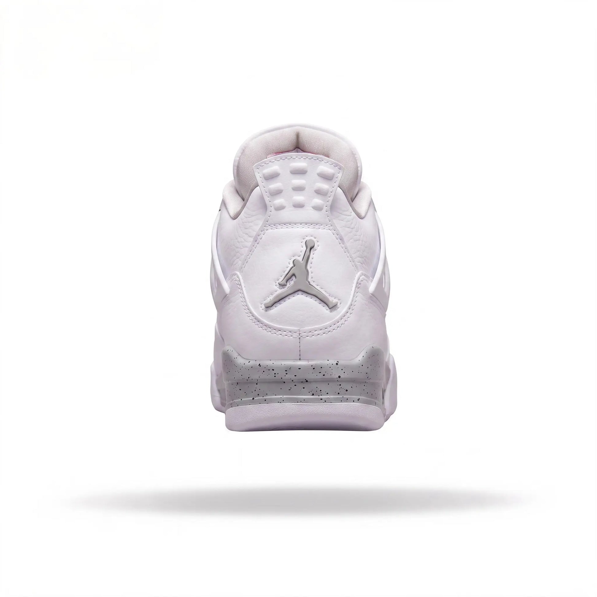 A single white Air Jordan 4 sneaker shown from the rear, featuring a metallic silver Jumpman logo on the side, a white leather upper, and a speckled translucent gray midsole, set against a plain white background with a soft shadow underneath.