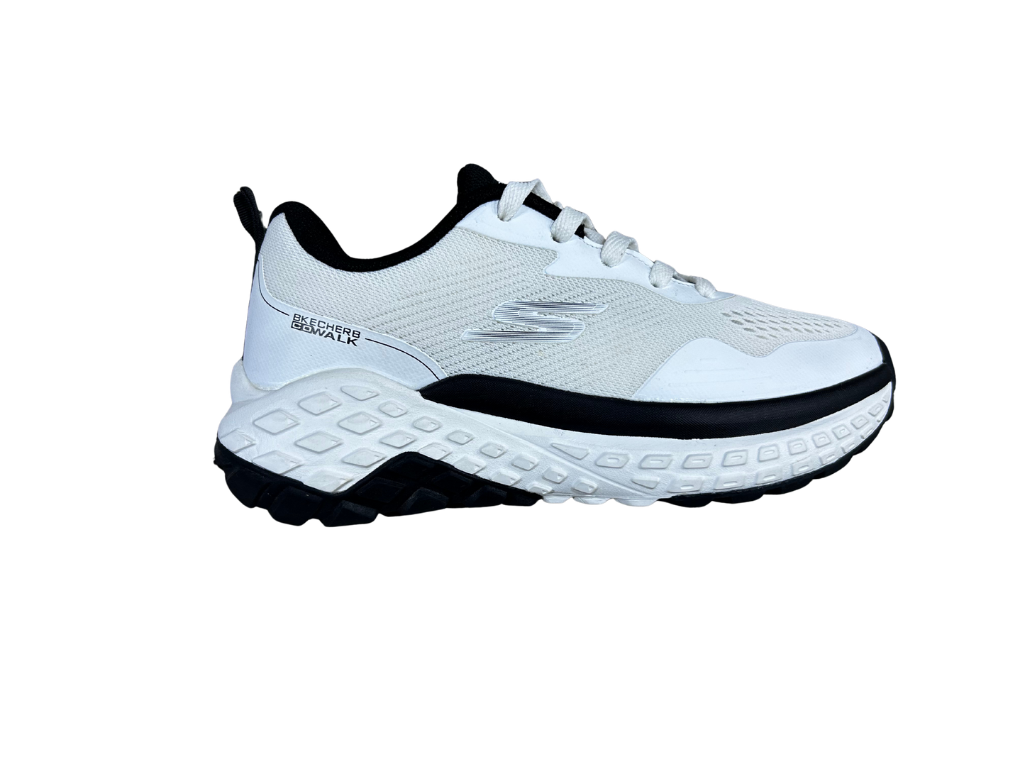 A white and black athletic sneaker shown from a side profile view against a plain white background.