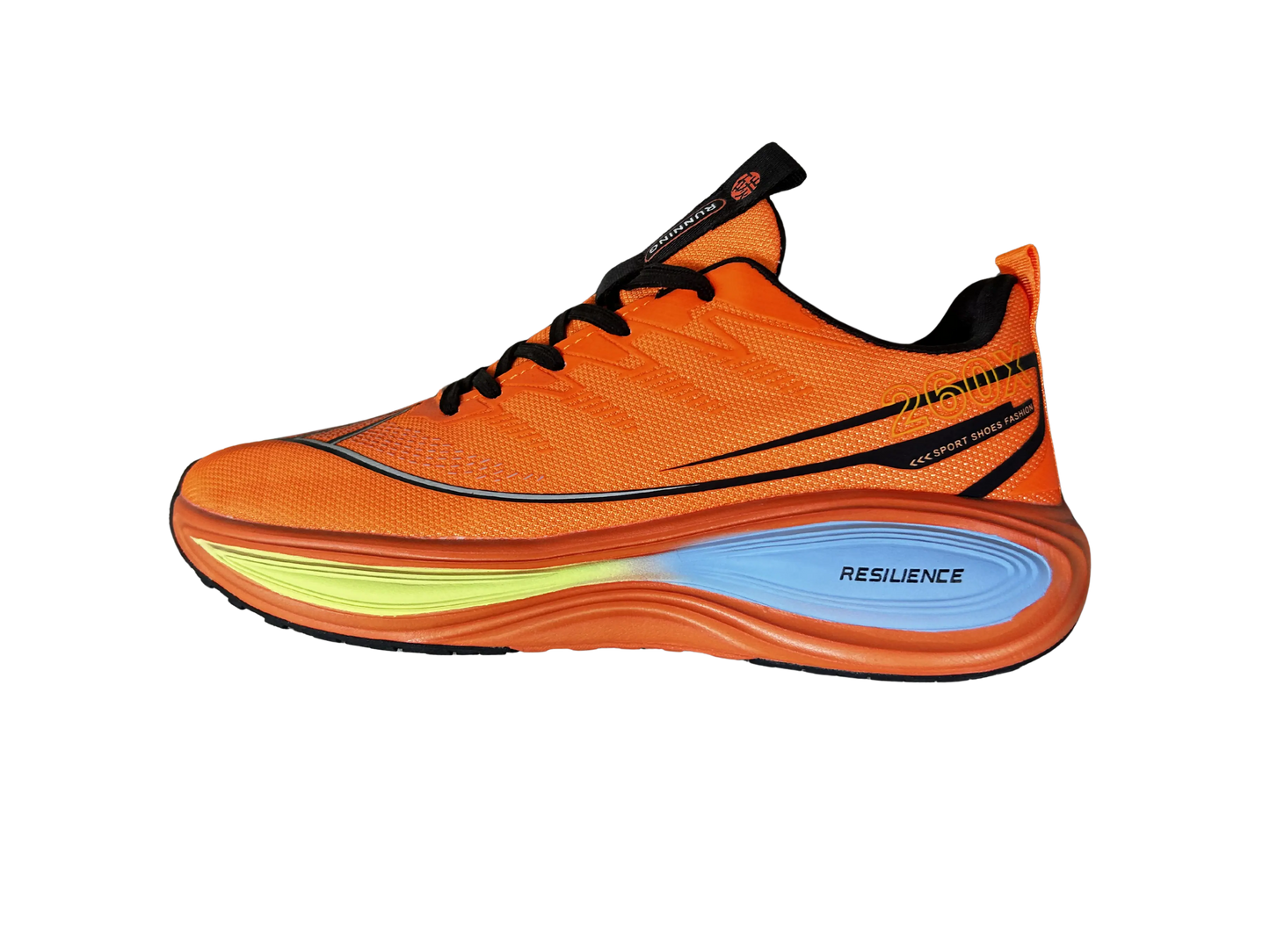 An orange running shoe shown in a side profile view against a solid white background. The shoe features a bright orange mesh upper, black laces, a black swoosh-like stripe, a light blue and lime green midsole section, and a black outsole.