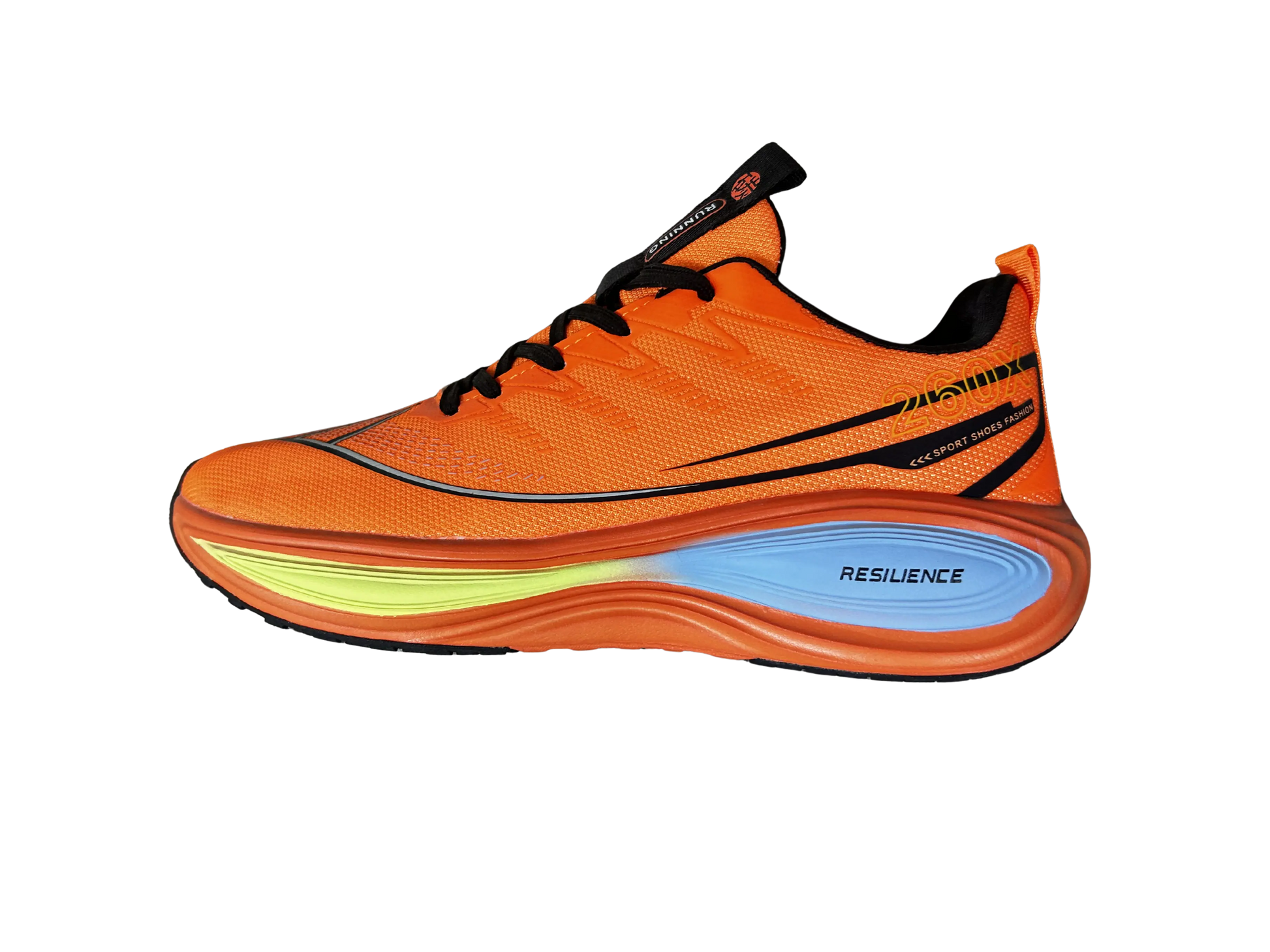 An orange running shoe shown in a side profile view against a solid white background. The shoe features a bright orange mesh upper, black laces, a black swoosh-like stripe, a light blue and lime green midsole section, and a black outsole.
