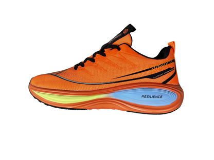 An orange running shoe shown in a side profile view against a solid white background. The shoe features a bright orange mesh upper, black laces, a black swoosh-like stripe, a light blue and lime green midsole section, and a black outsole.