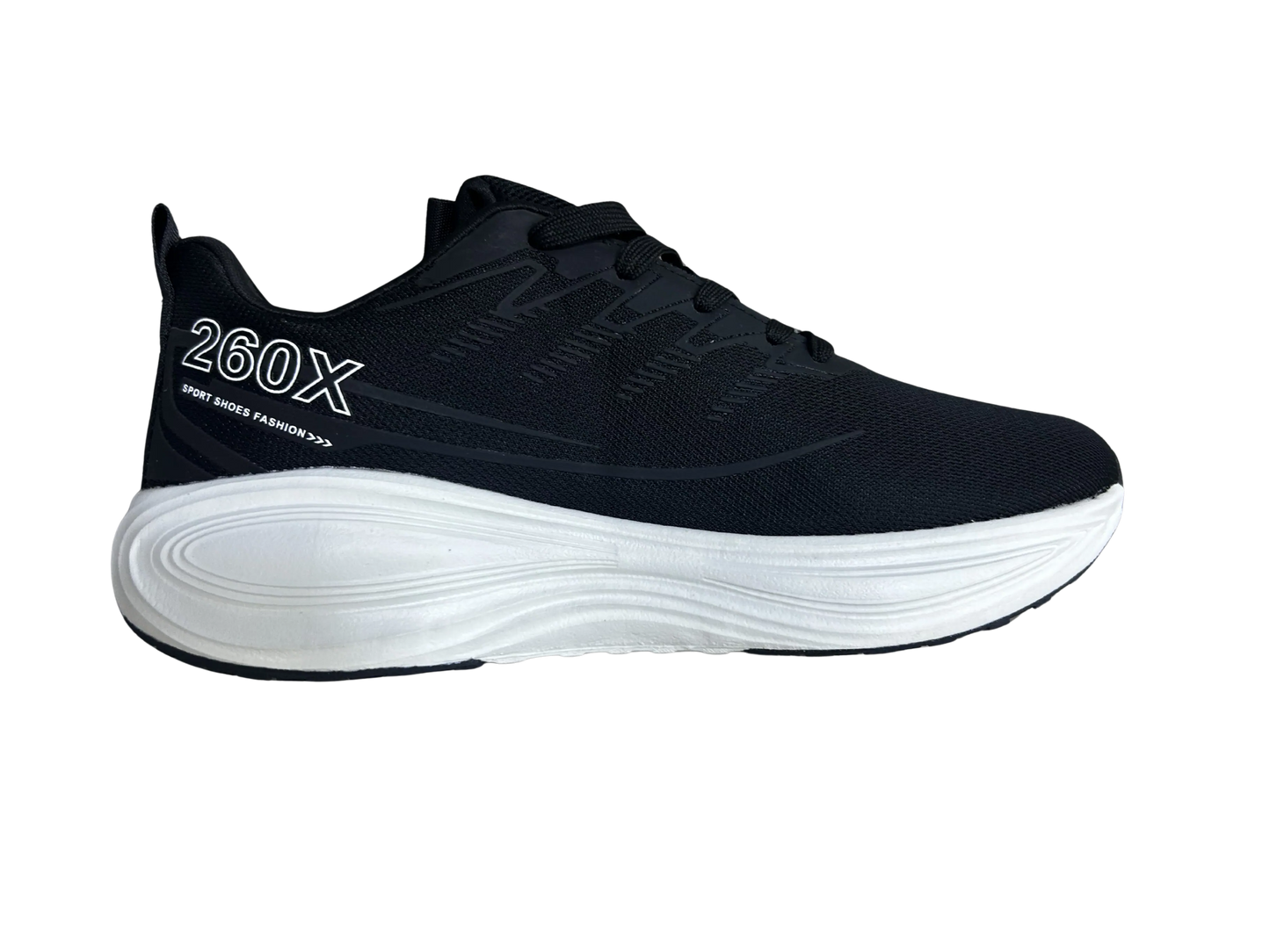 A black athletic sneaker shown from a side profile view, featuring a thick white sole and '260X' branding printed in white on the heel.