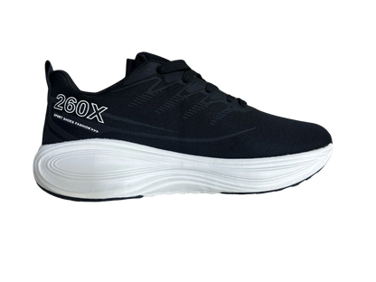 A black athletic sneaker shown from a side profile view, featuring a thick white sole and '260X' branding printed in white on the heel.