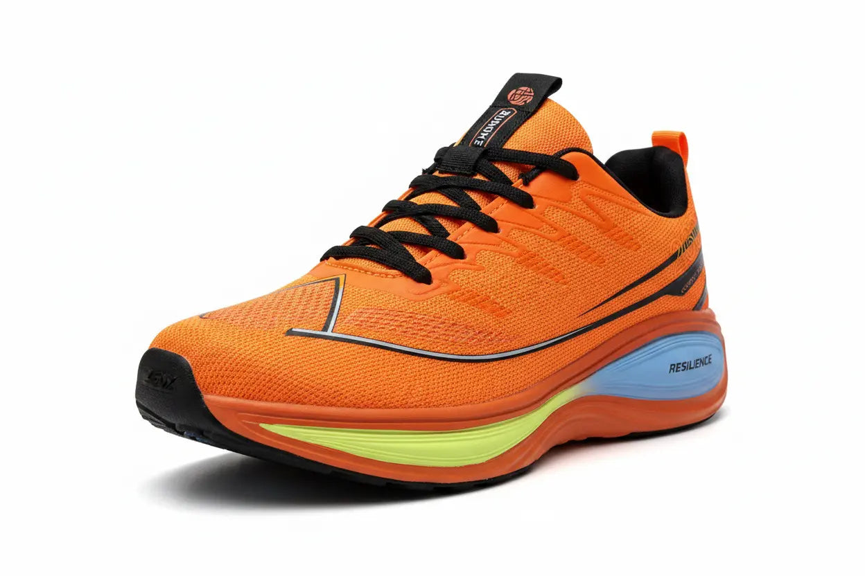 An orange athletic running shoe with black laces, a black and orange outsole, and a light blue and lime green midsole accent, shown on a white background.