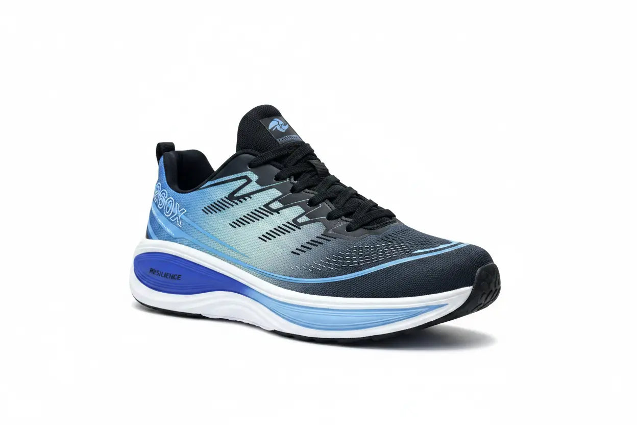 A single running shoe shown from a side profile view on a clean white background. The shoe features a dark gray and black upper with a light blue gradient pattern, a thick white midsole with blue accents, and a black outsole.