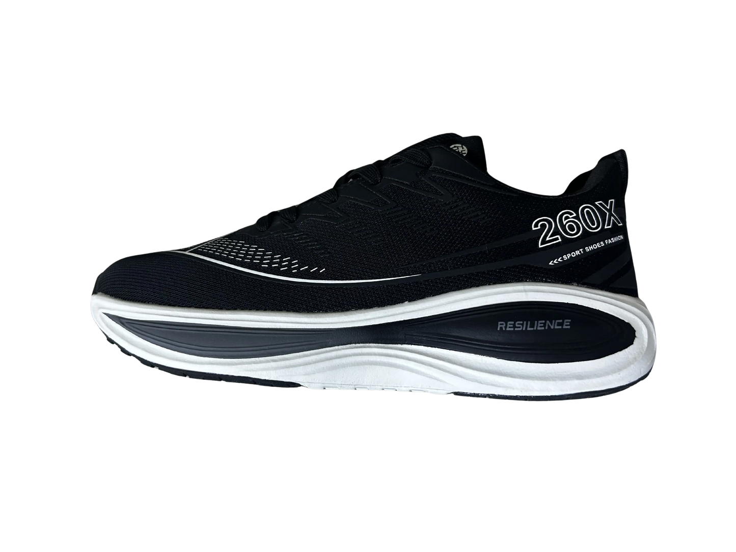 Black running shoe with white sole on a white background