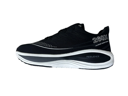 Black running shoe with white sole on a white background
