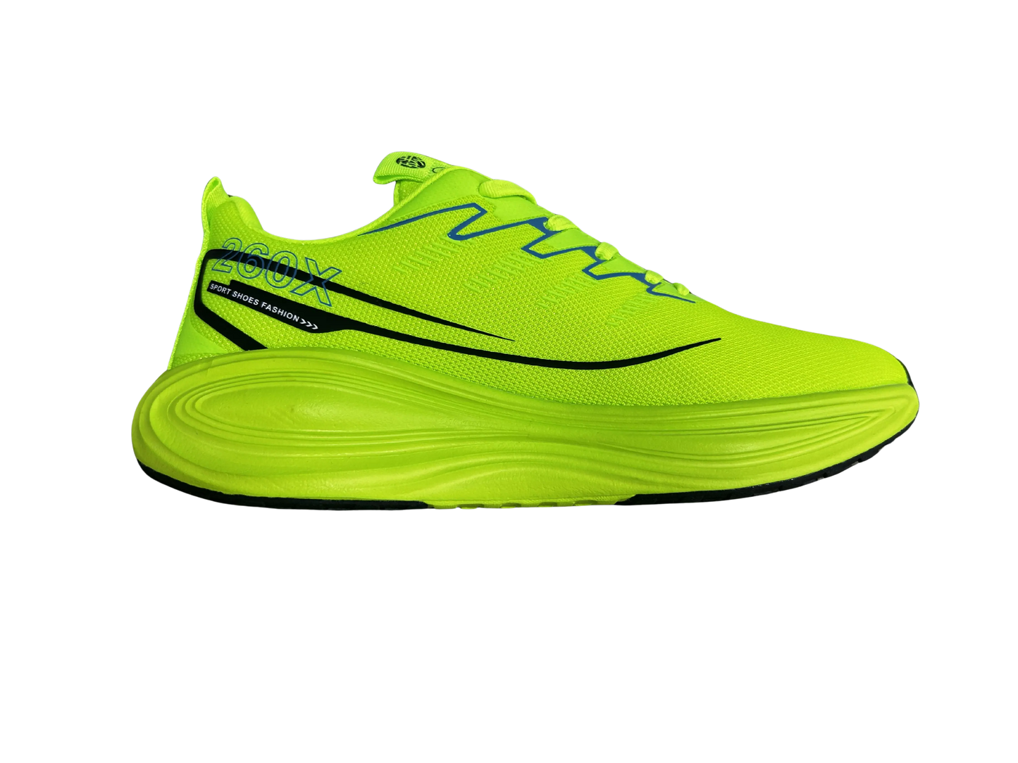 A single neon yellow-green running shoe shown in side profile on a plain white background. The shoe has black graphic lines and small blue accents, with visible branding and text near the heel.
