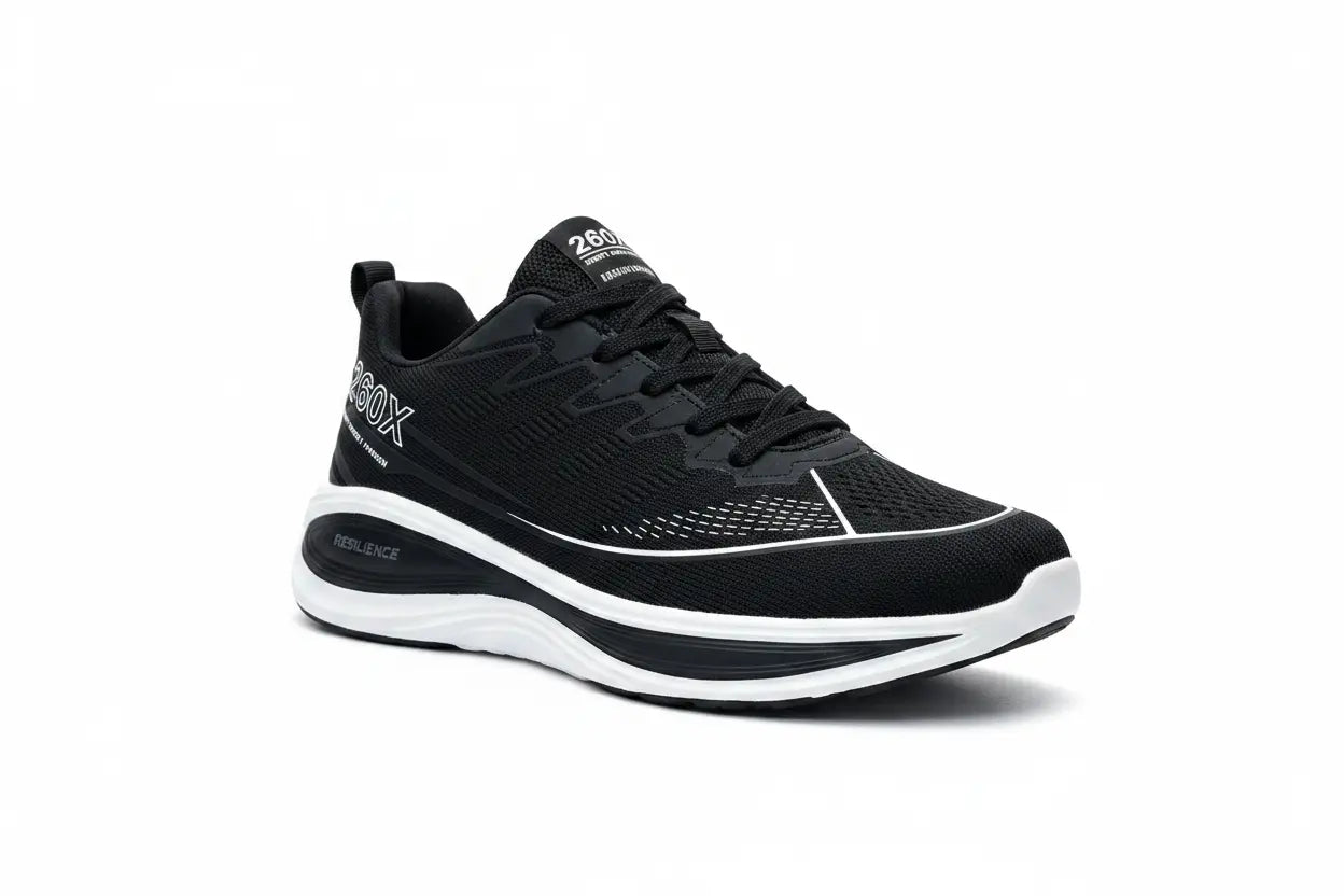A black athletic sneaker with white accents, featuring a breathable mesh upper, black laces, and a thick white and black sole, shown from a three-quarters angle on a white background.