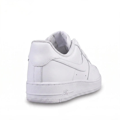 A white Nike Air Force 1 sneaker shown from a rear three-quarter angle on a clean white background.