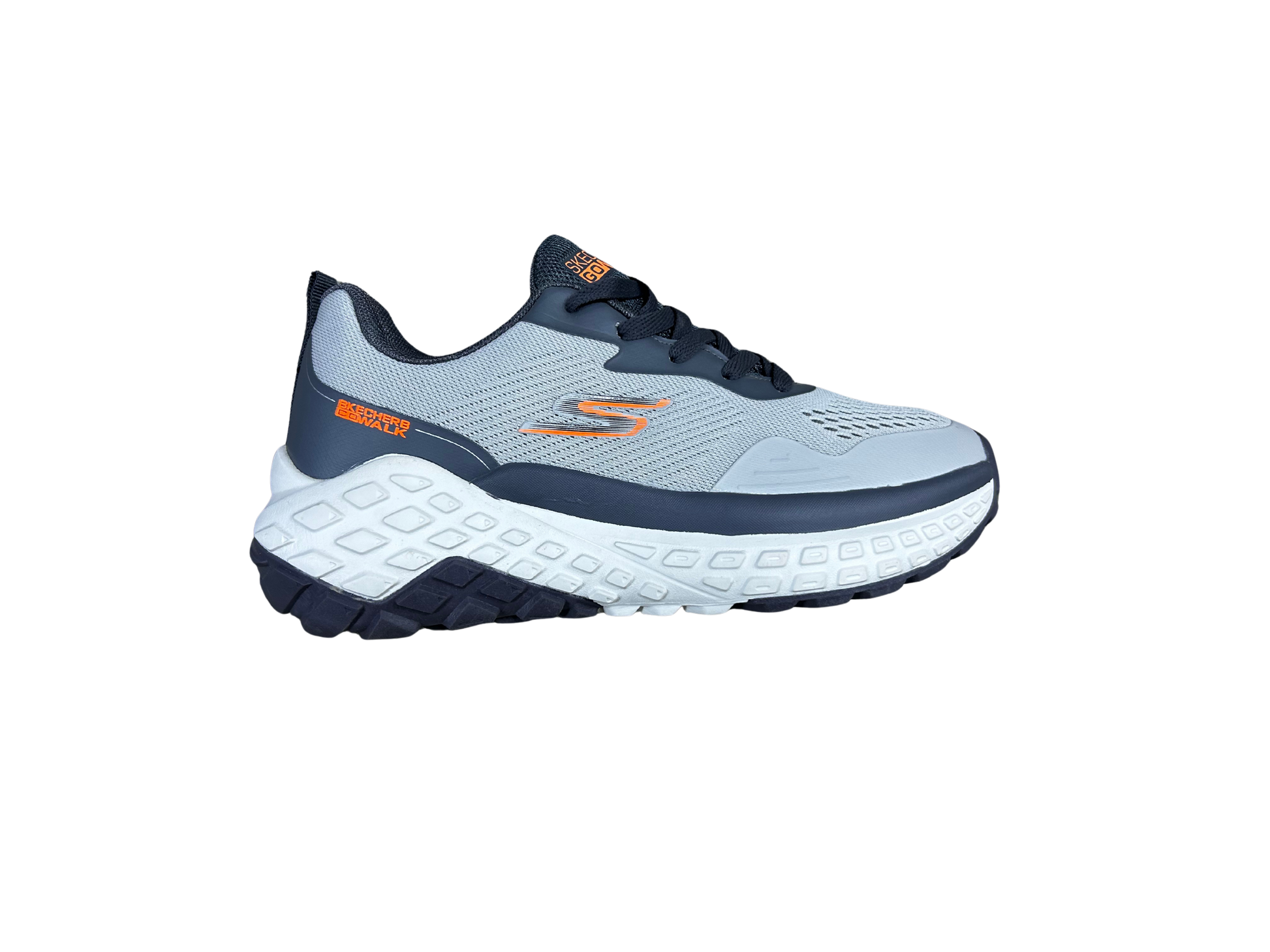 A Skechers running shoe in light gray and navy blue with orange accents, shown from a side profile on a white background.