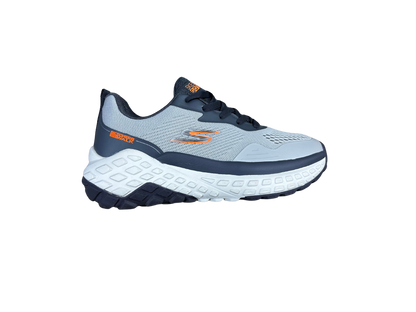 A Skechers running shoe in light gray and navy blue with orange accents, shown from a side profile on a white background.