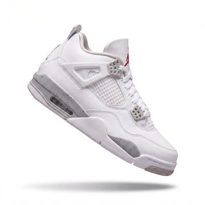 A white Air Jordan 4 sneaker with silver rhinestone detailing on the ankle strap and a red Jumpman logo on the tongue, shown floating against a white background with a soft shadow underneath.