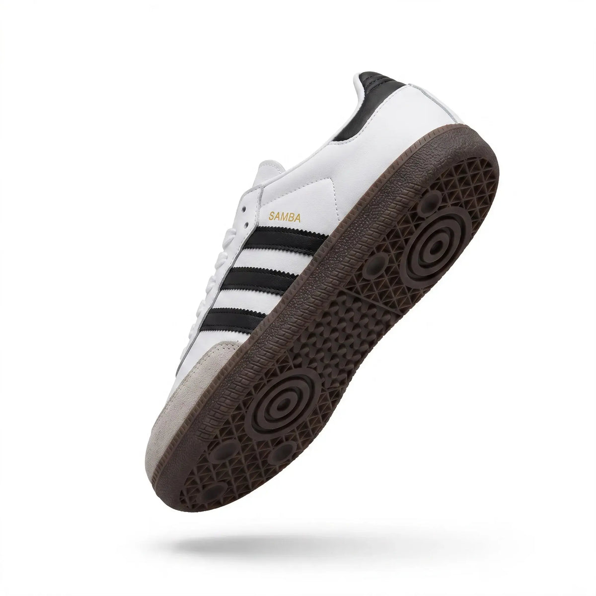 Samba style white black gum sneaker rear view