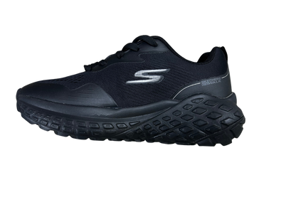 A black Skechers running shoe shown from a side profile view against a plain white background.