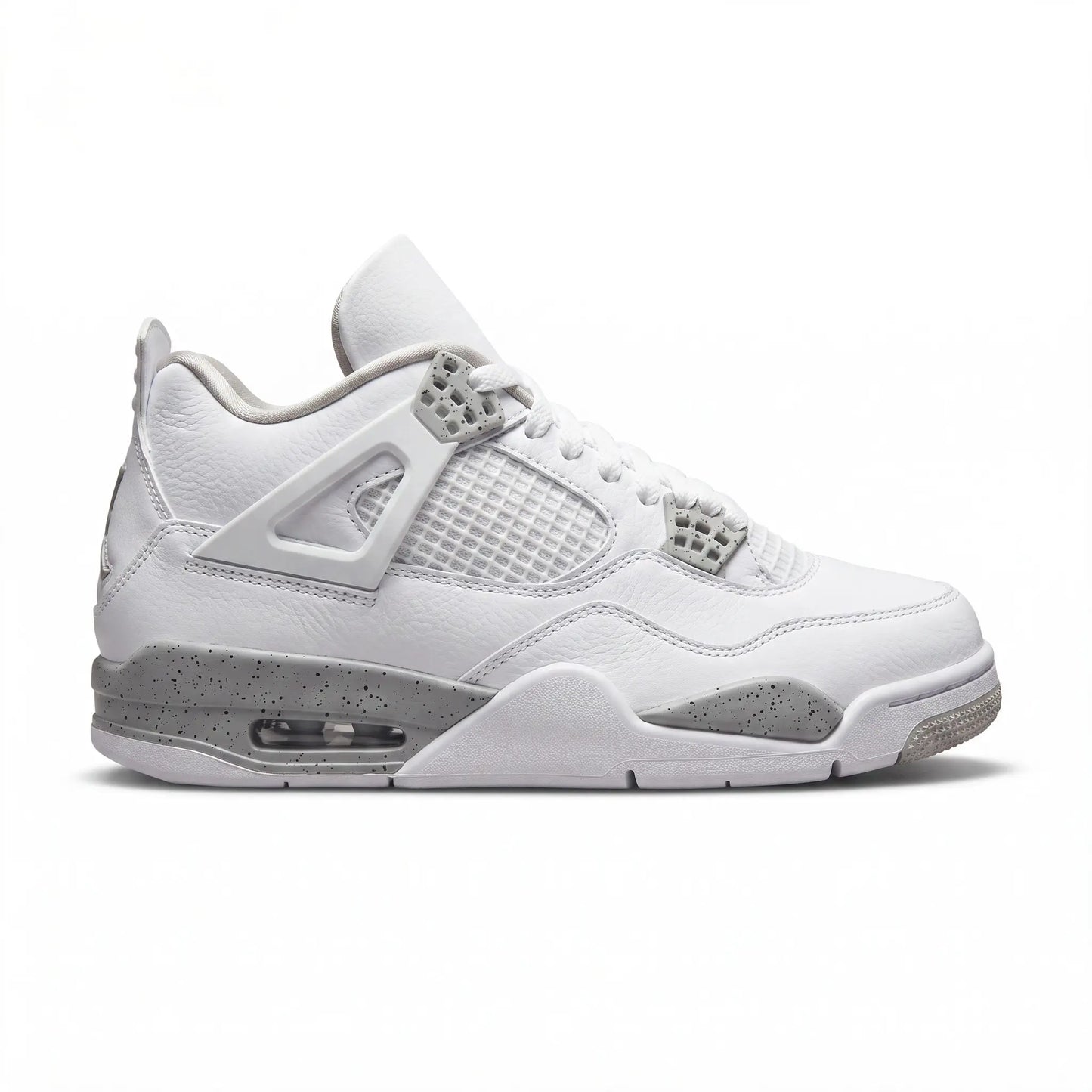 A white and light gray Air Jordan 4 Retro sneaker shown from the side profile on a clean white background.