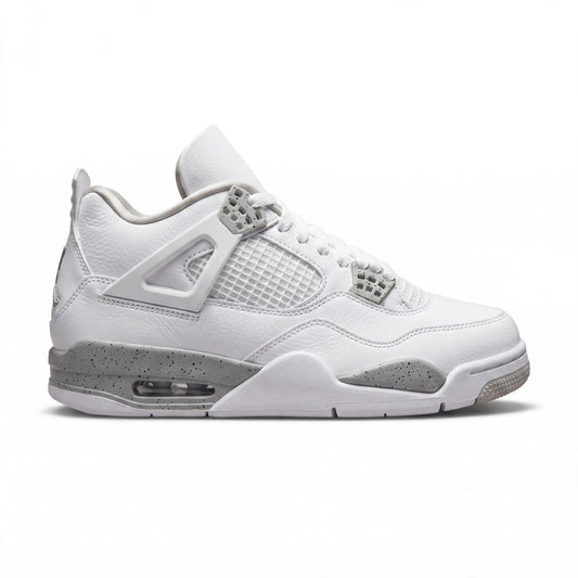 A white and light gray Air Jordan 4 Retro sneaker shown from the side profile on a clean white background.