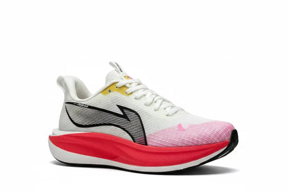 A white running shoe with a thick red and white midsole, a pink textured toe box, a black and gray side logo, and a small yellow accent near the collar, shown on a white background.