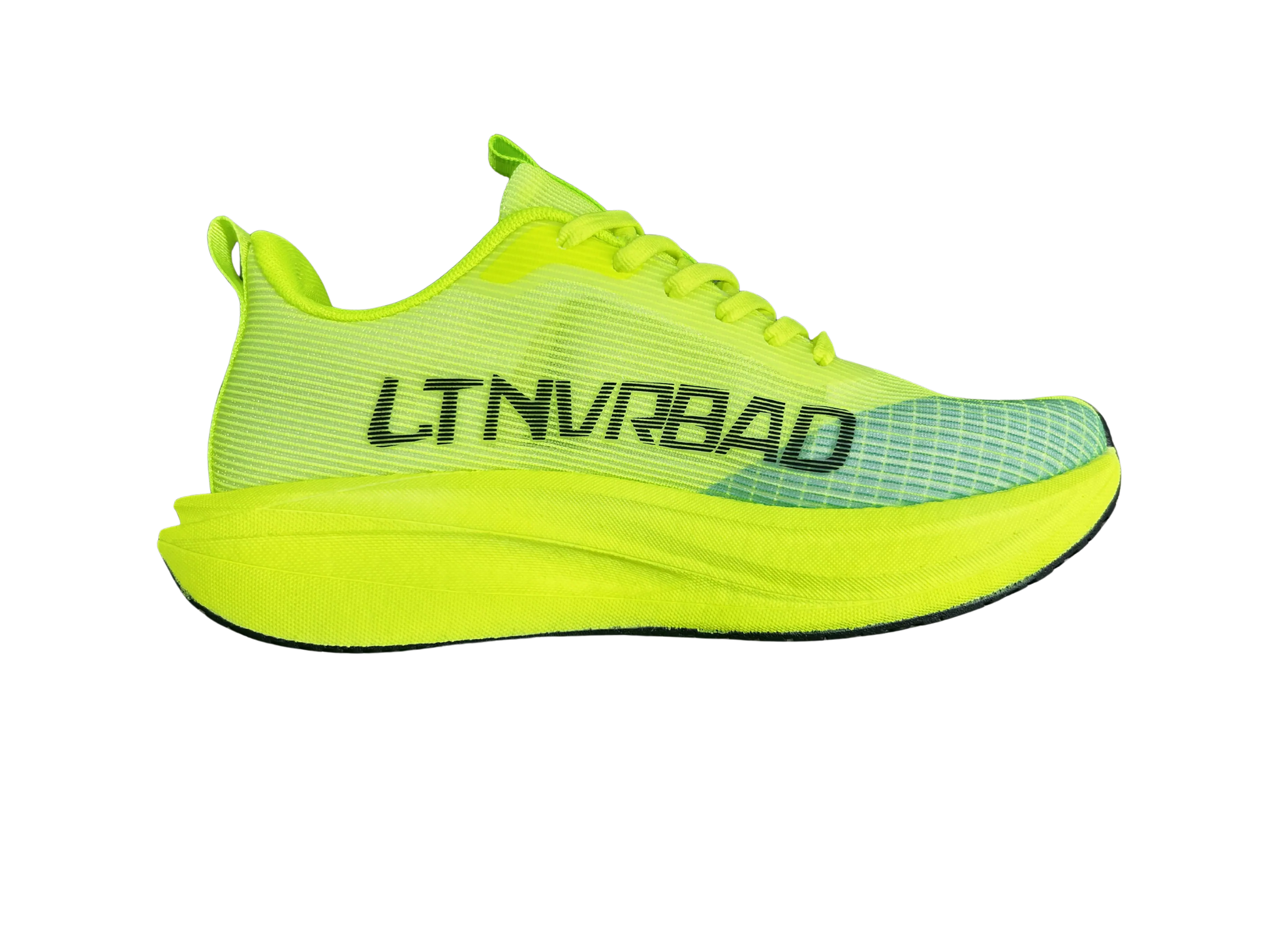 A bright neon yellow-green athletic shoe shown in a side profile view against a solid white background. The shoe features a textured mesh upper, a thick cushioned sole, and the brand name 'LTNVRBAD' printed vertically in black on the side.