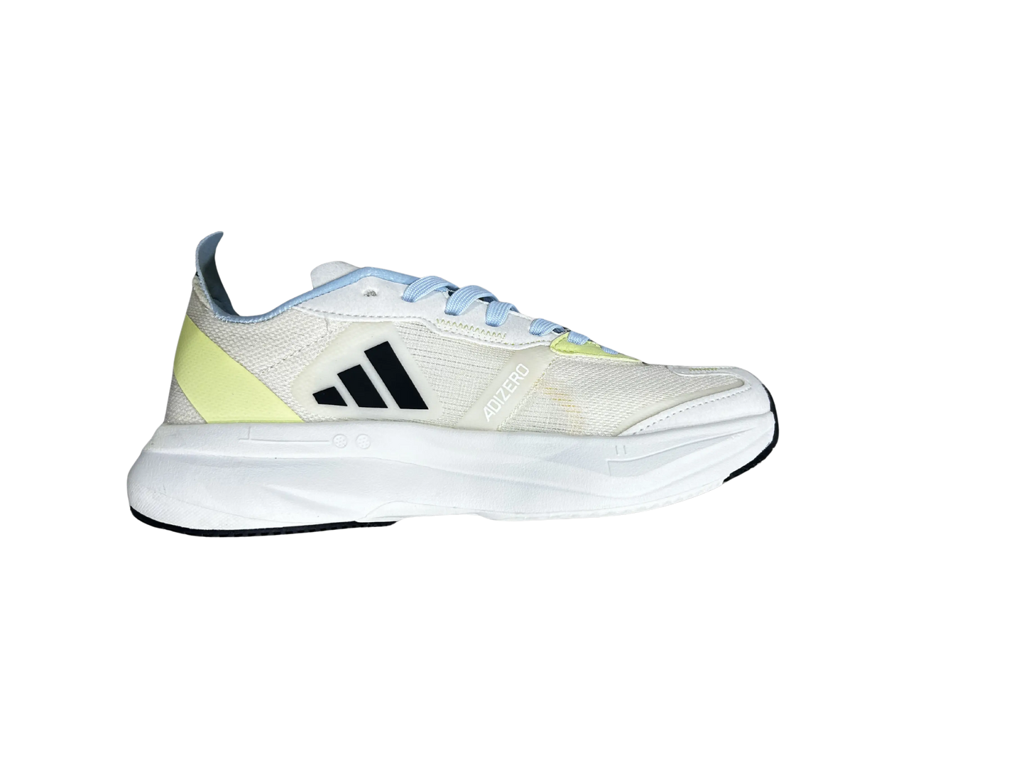 An Adidas running shoe in white and light gray mesh with a light blue collar, a neon yellow heel accent, and a black three-stripe logo on the side, shown against a plain white background.