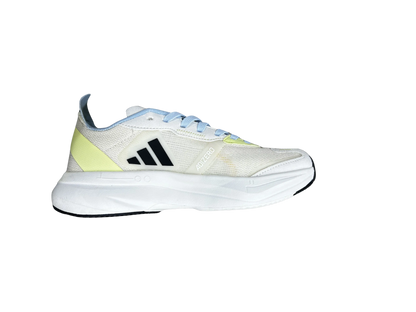 An Adidas running shoe in white and light gray mesh with a light blue collar, a neon yellow heel accent, and a black three-stripe logo on the side, shown against a plain white background.
