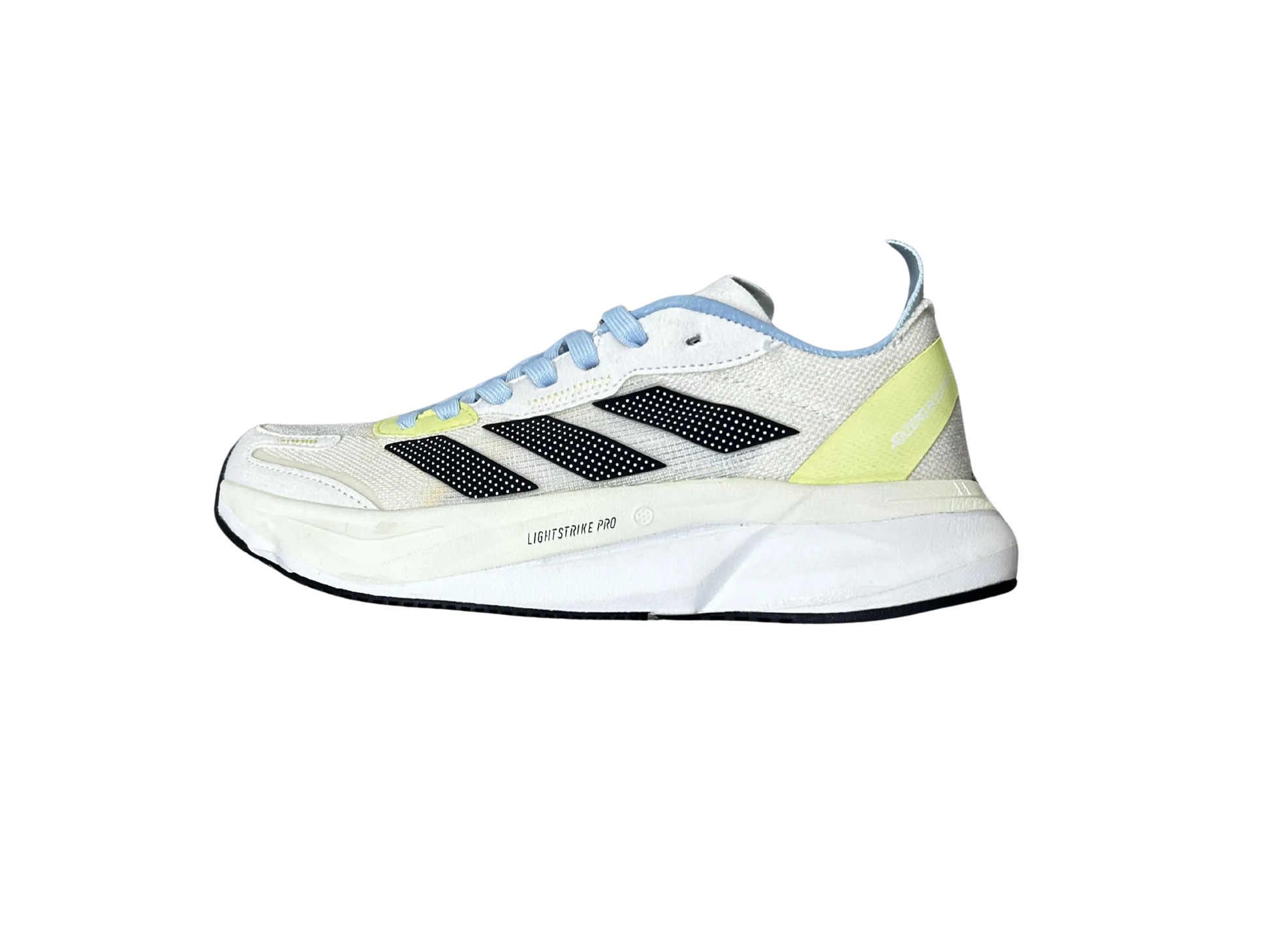 A single Adidas running shoe in white, light blue, black, and neon yellow, shown from the side against a plain white background.