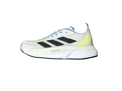 A single Adidas running shoe in white, light blue, black, and neon yellow, shown from the side against a plain white background.