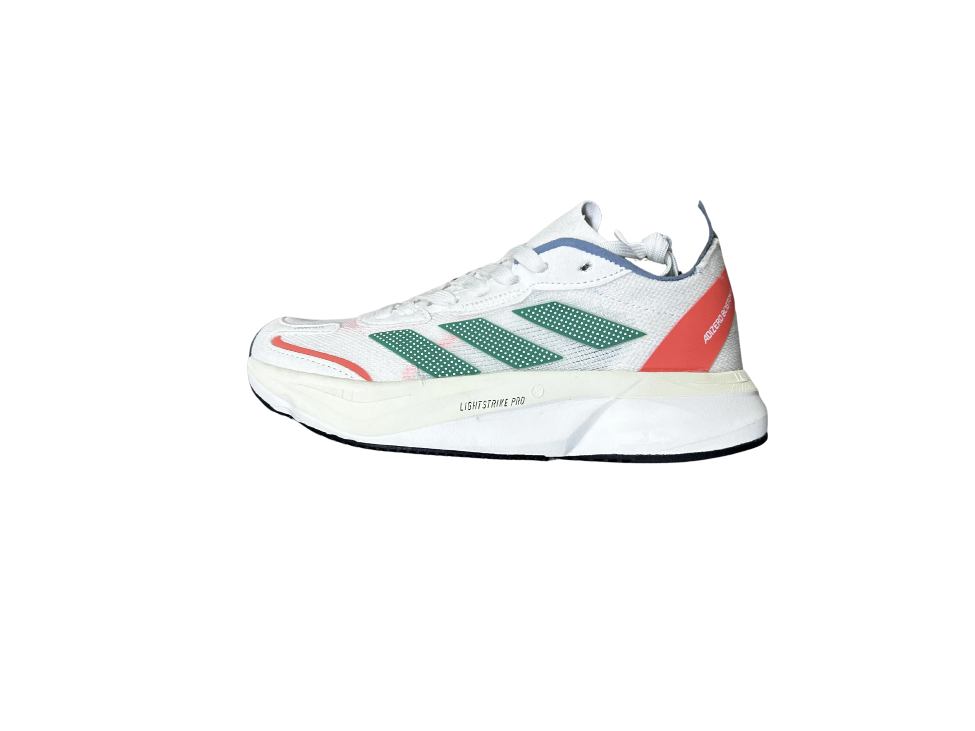 A white Adidas x Soma running shoe featuring green three-stripes, a coral-red heel tab, and a thick white midsole with 'LIGHTZONE PRO' text, shown against a plain white background.