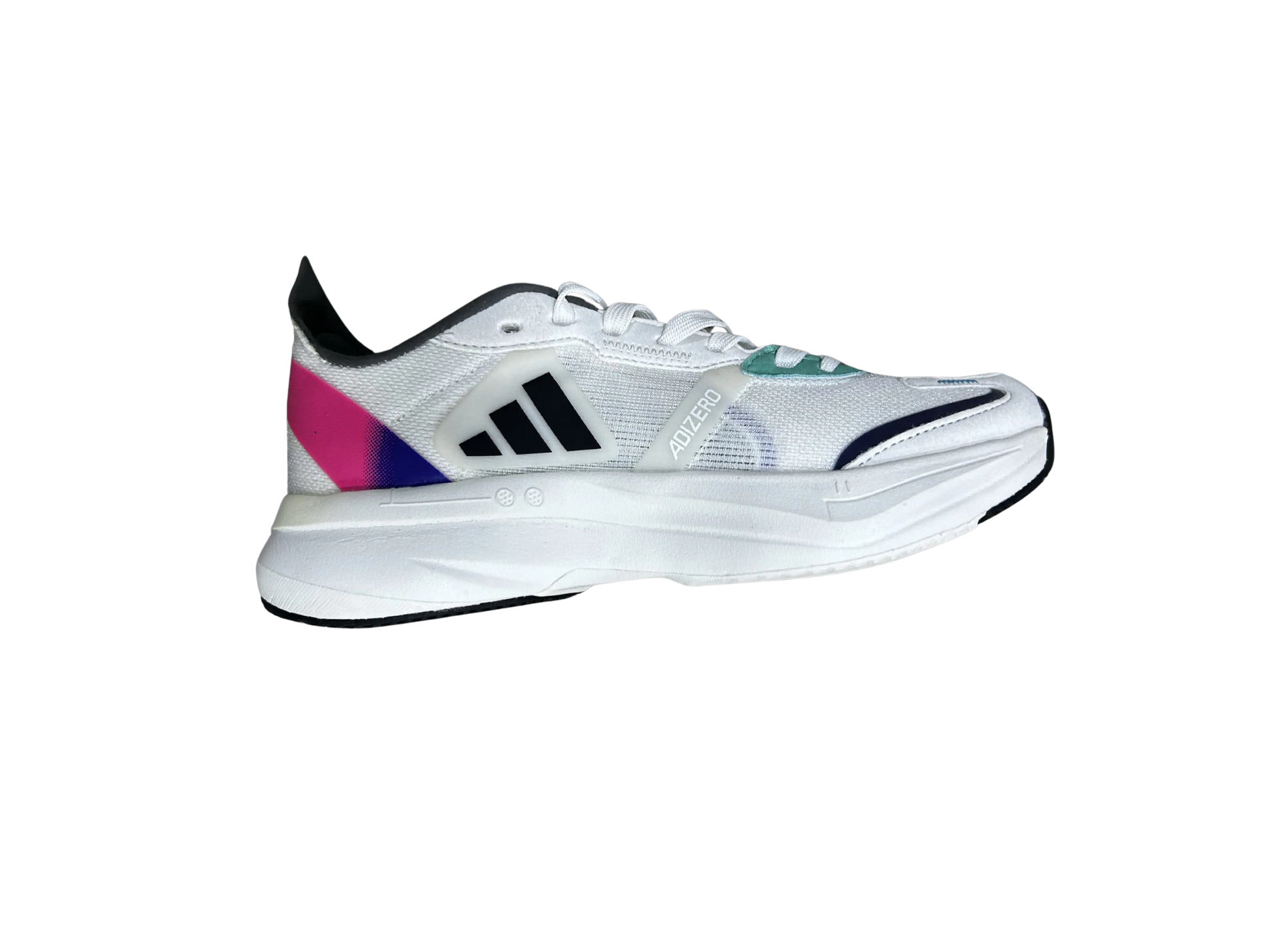 White athletic shoe with colorful sole on a white background
