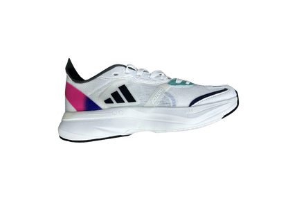 White athletic shoe with colorful sole on a white background