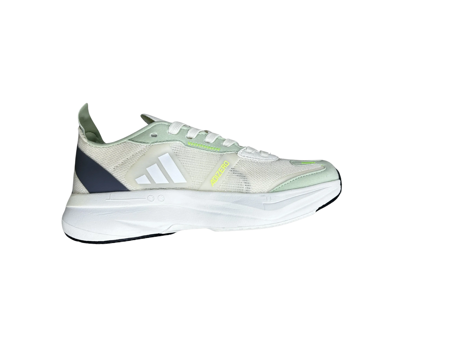 An Adidas running shoe in a light cream and mint green colorway, featuring white stripes, a dark navy heel accent, and a thick white midsole, shown from a side profile on a white background.