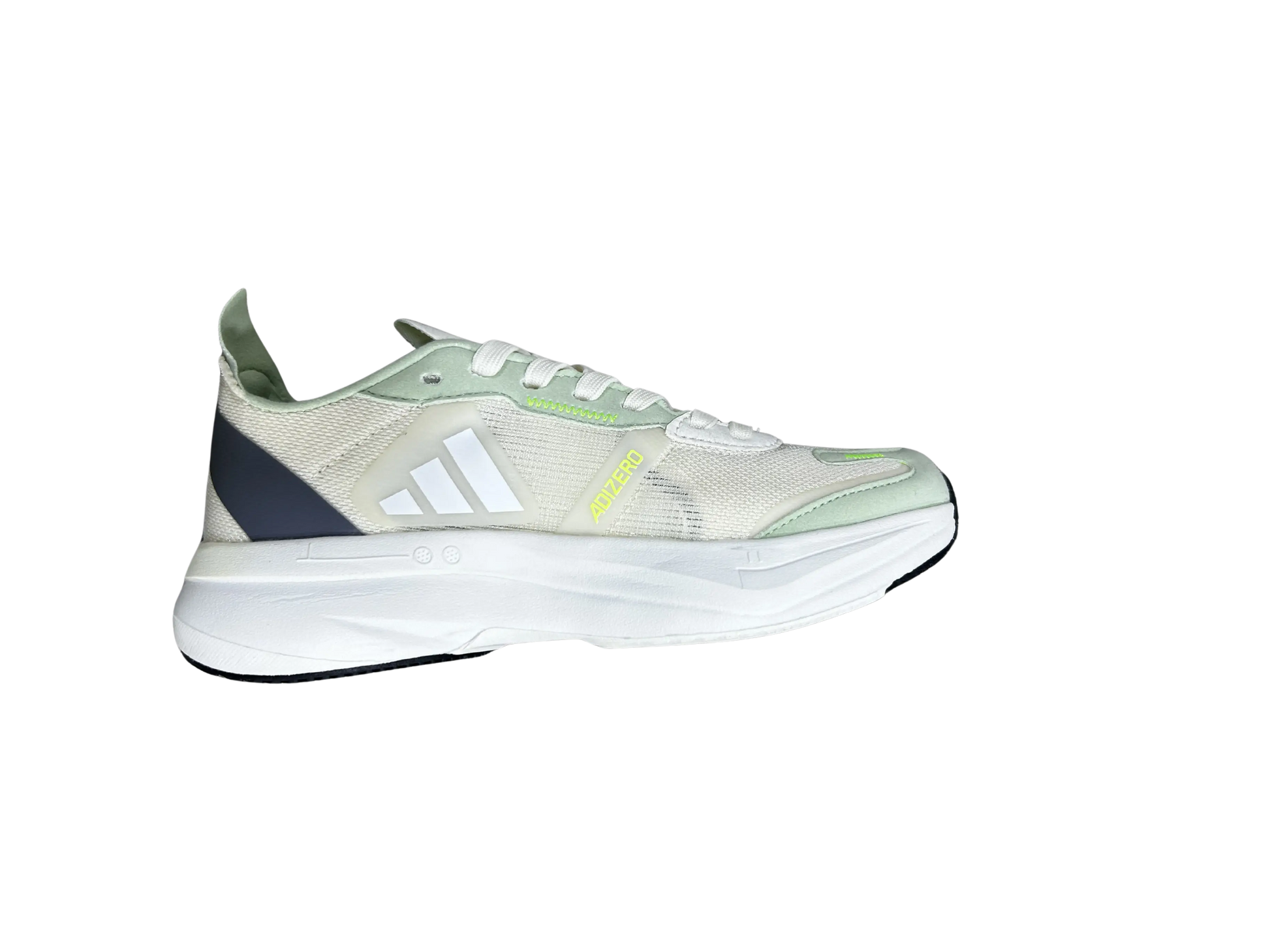 An Adidas running shoe in a light cream and mint green colorway, featuring white stripes, a dark navy heel accent, and a thick white midsole, shown from a side profile on a white background.