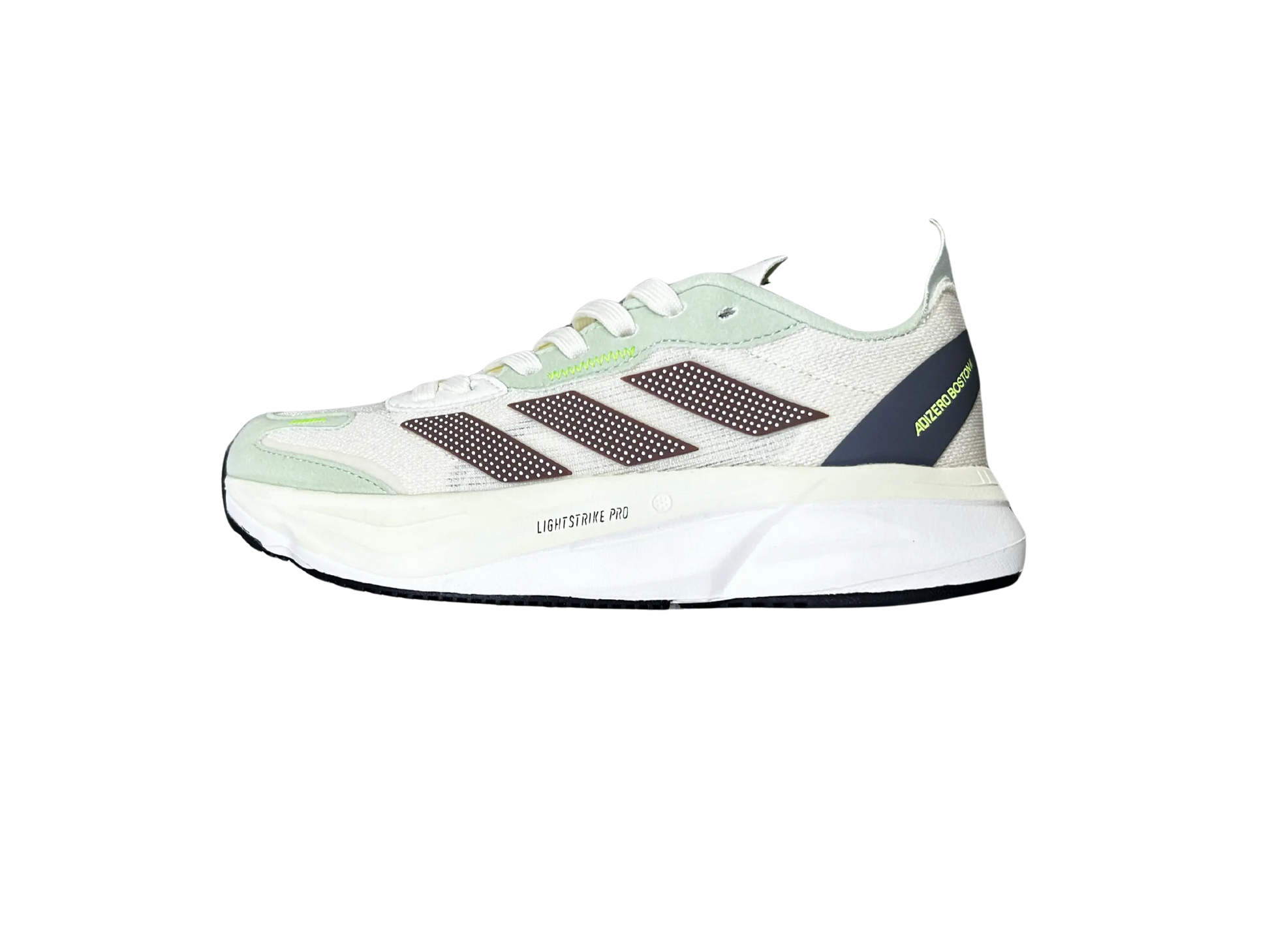 A single Adidas running shoe shown from the side against a plain white background. The shoe features a white and light green upper with dark brown mesh stripes, a dark green heel counter, and a thick white midsole.