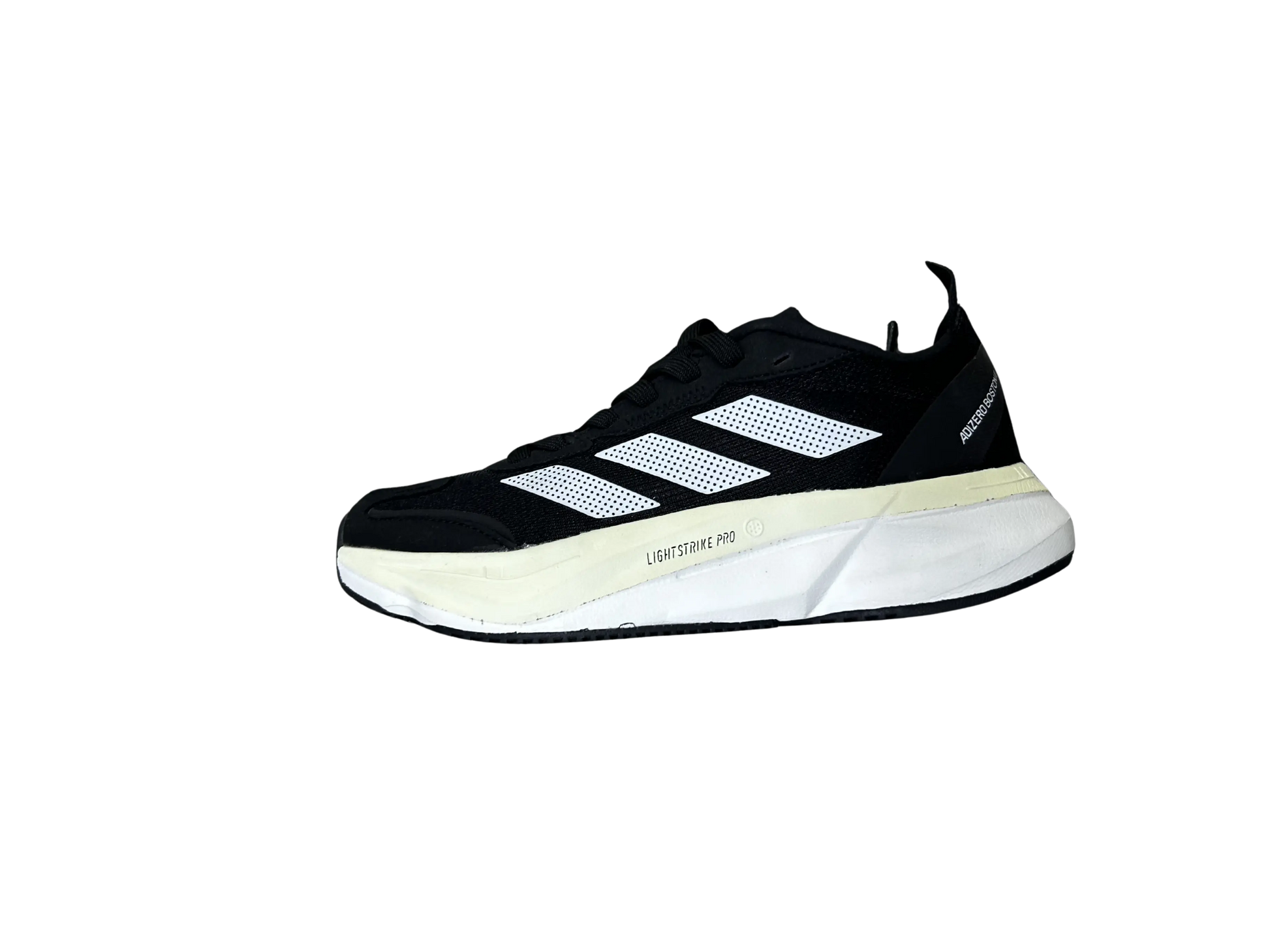 A single Adidas Lightstrike Pro running shoe in black and white, shown from a side profile view against a plain white background.