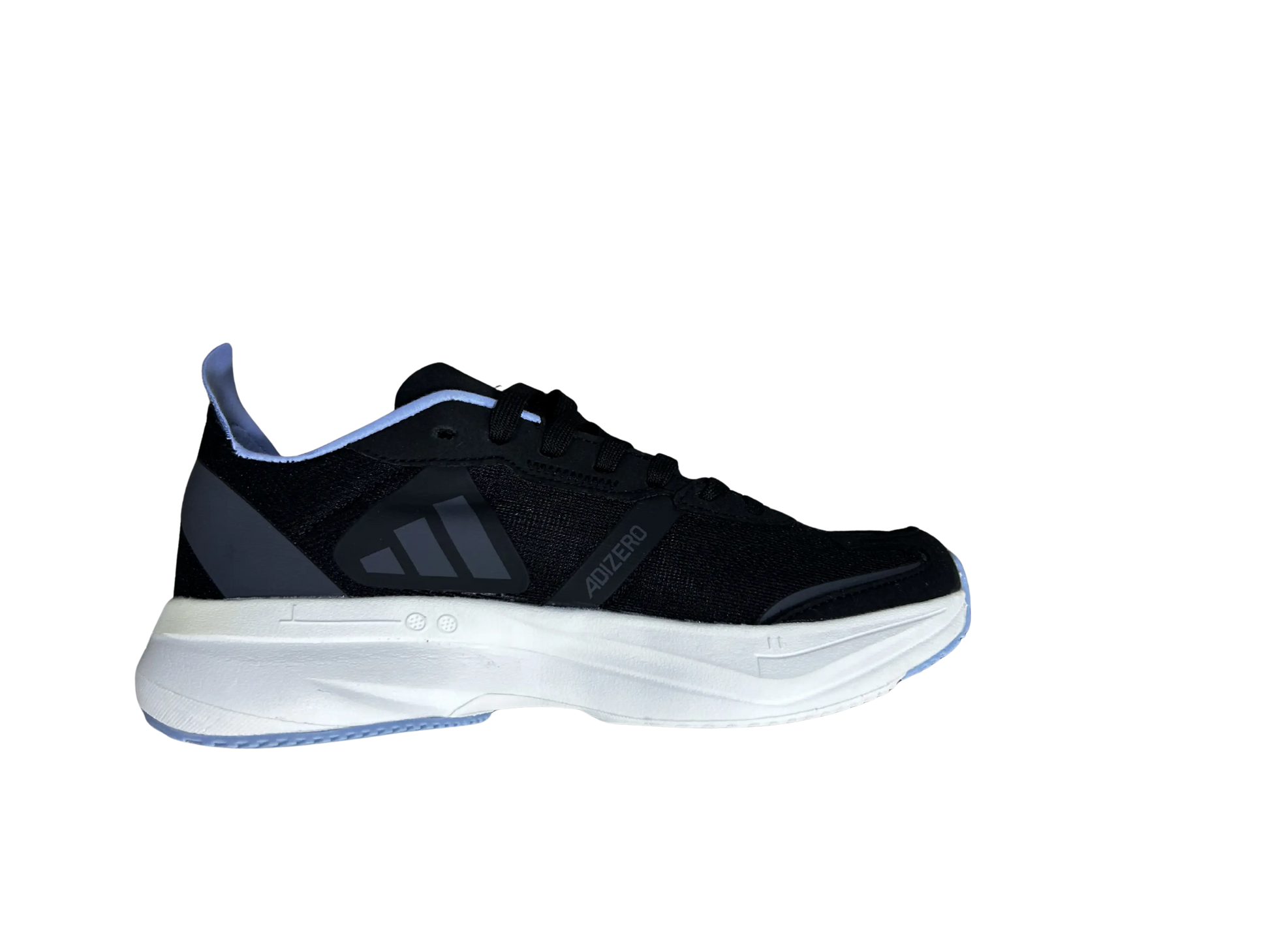 A single athletic shoe shown in side profile against a plain white background. The upper is predominantly black with a thick white midsole and small light blue accents along the heel and outsole edge.