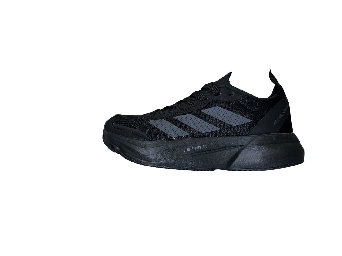 A black Adidas running shoe with dark gray three-stripes and a chunky black sole, shown from a side profile on a plain white background.