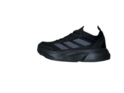 A black Adidas running shoe with dark gray three-stripes and a chunky black sole, shown from a side profile on a plain white background.