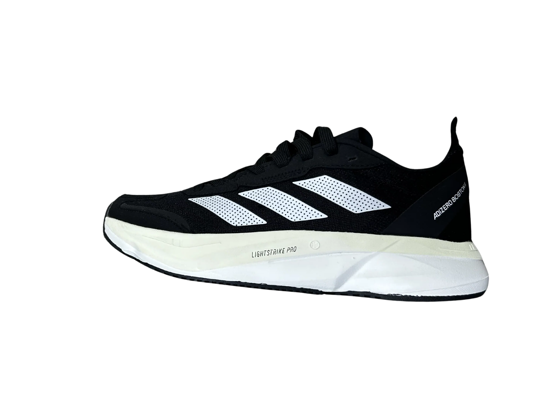 A black and white Adidas running shoe shown from a side profile view against a plain white background.
