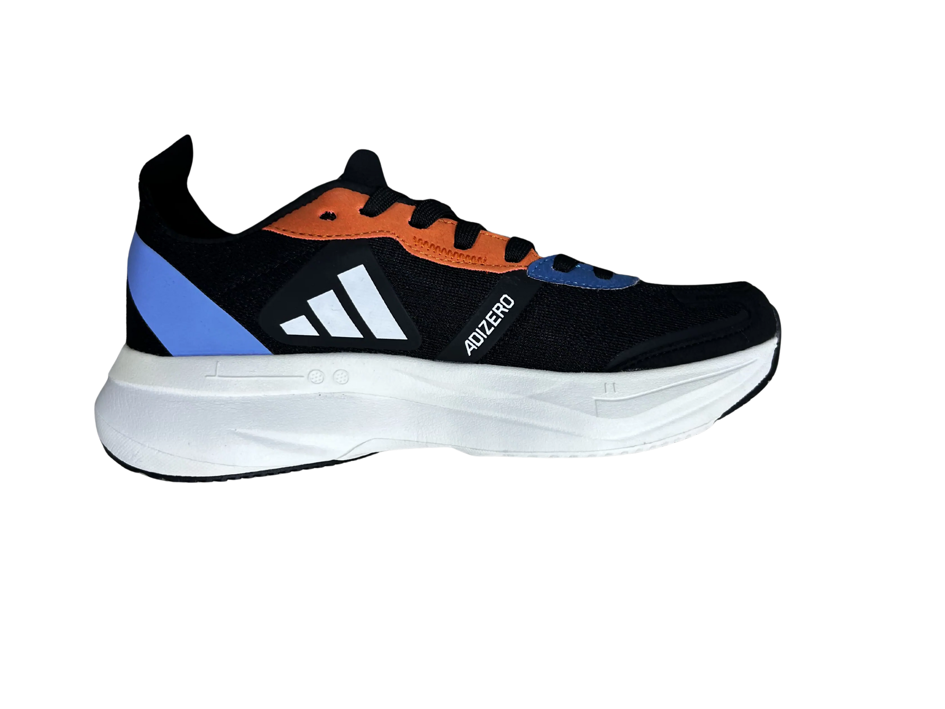 Black, blue, and orange sneaker with a brand logo on a white background