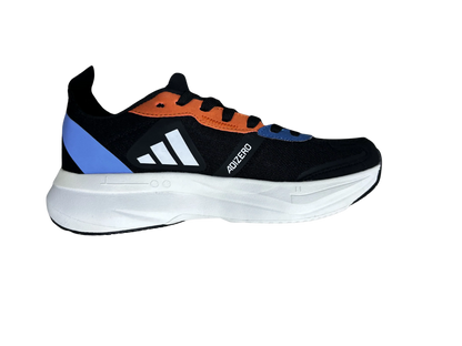 Black, blue, and orange sneaker with a brand logo on a white background