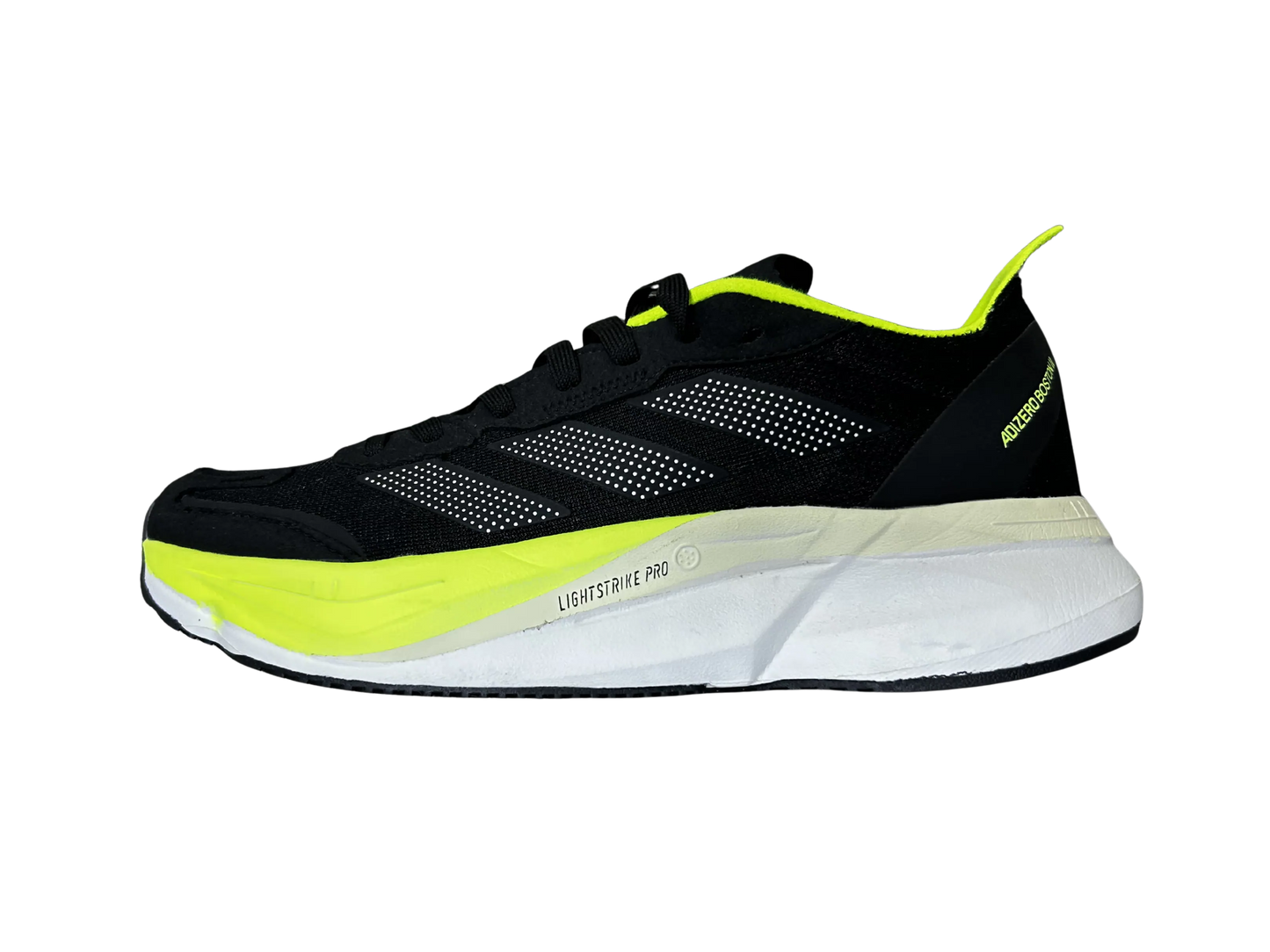 A black running shoe with bright neon yellow-green accents and a white midsole, shown in a side profile on a plain white background.
