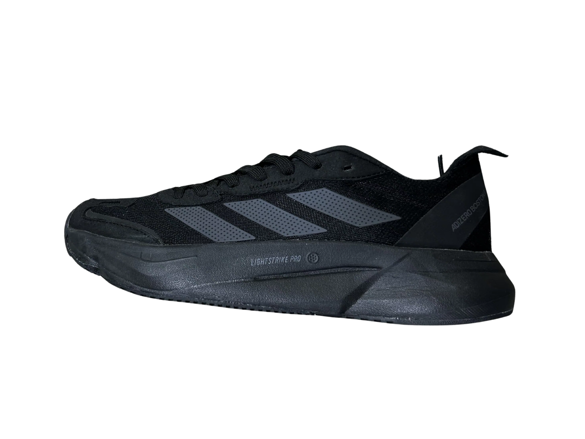 A black Adidas running shoe shown from a side profile view against a plain white background.
