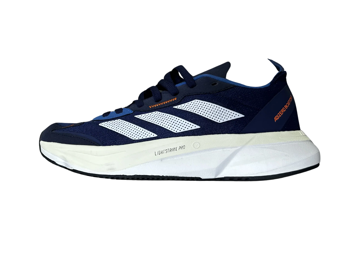 A navy blue and white running shoe shown from the side profile against a plain white background.