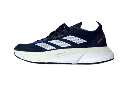 A navy blue and white running shoe shown from the side profile against a plain white background.
