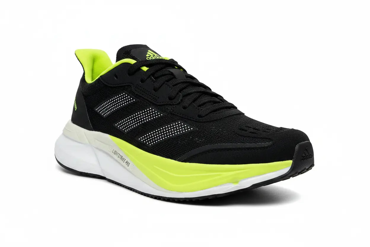 A black Adidas running shoe with a bright neon yellow-green accent on the midsole, heel, and tongue, set against a plain white background.