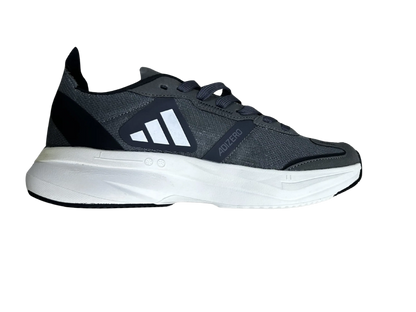 A dark gray and black athletic sneaker with a thick white midsole, shown from a side profile view against a plain white background.